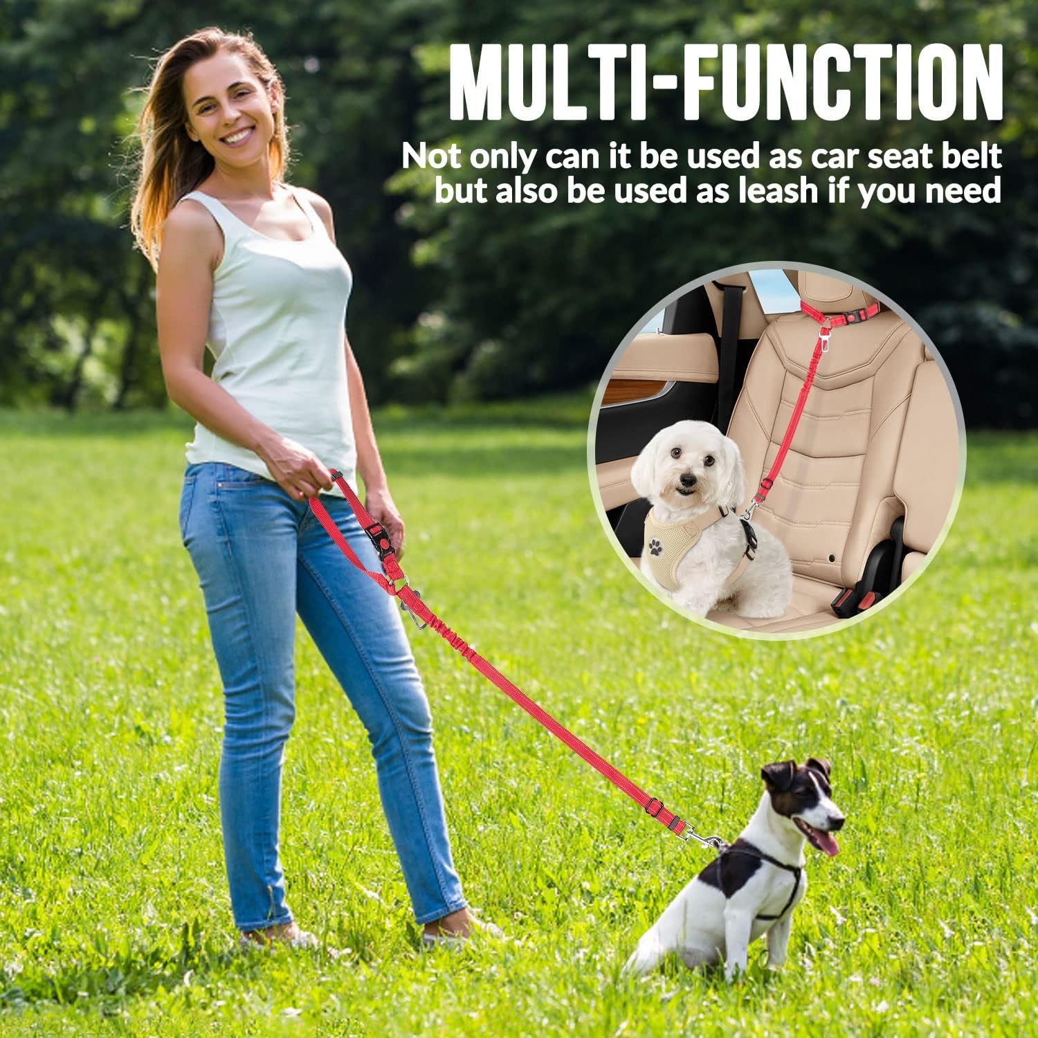 image:imageSlowTon Dog Seat Belt for Car 2 Pack Dog Car Harness Seatbelt Adjustable with Elastic Bungee Buffer 2 in 1 Pet Car Leash Headrest Restraint Dog Reflective Safety Tether Green HeadrestClipCRed