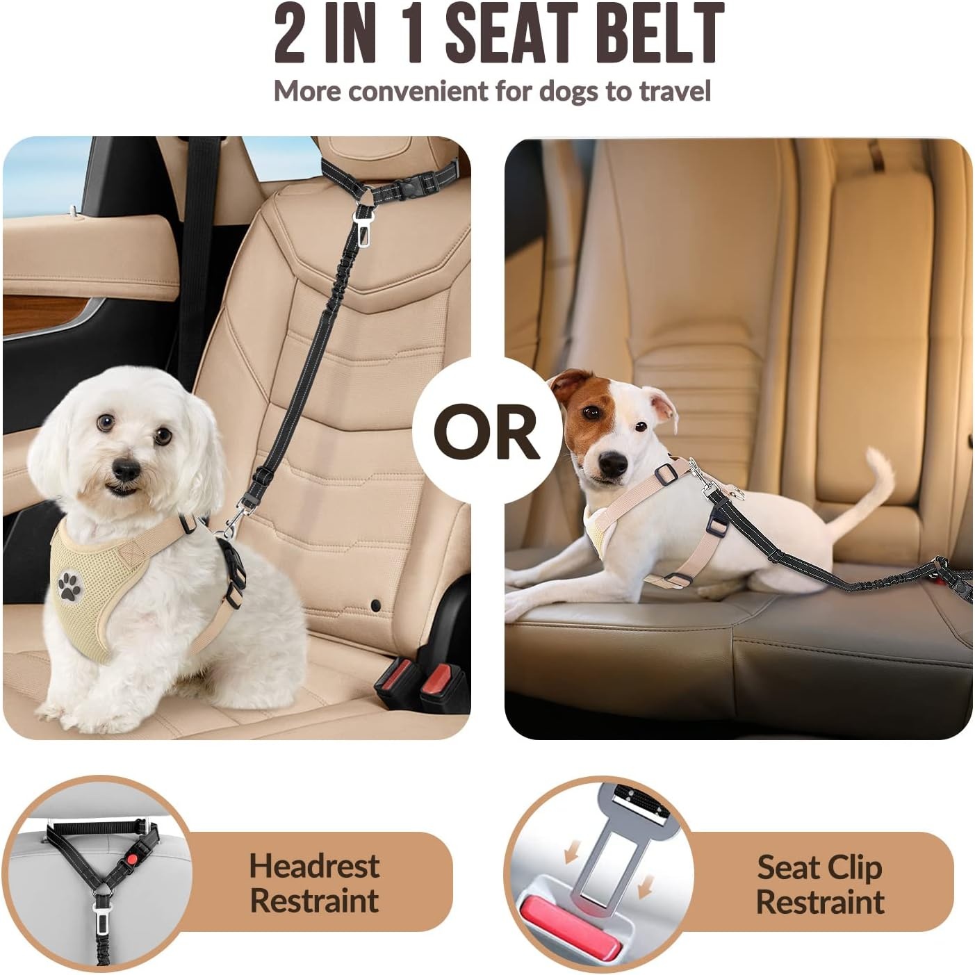 image:imageSlowTon Dog Seat Belt for Car 2 Pack Dog Car Harness Seatbelt Adjustable with Elastic Bungee Buffer 2 in 1 Pet Car Leash Headrest Restraint Dog Reflective Safety Tether Green HeadrestClipABlack