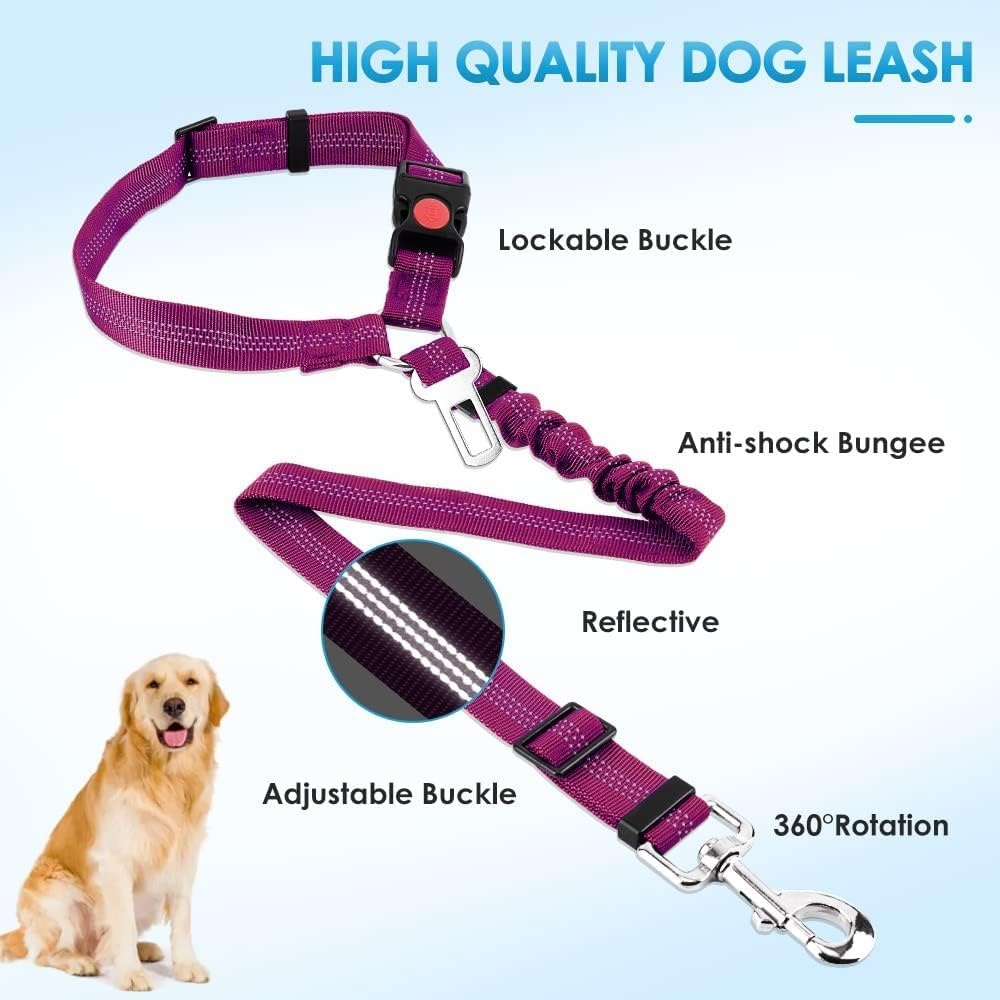 image:imageSlowTon Dog Seat Belt for Car 2 Pack Dog Car Harness Seatbelt Adjustable with Elastic Bungee Buffer 2 in 1 Pet Car Leash Headrest Restraint Dog Reflective Safety Tether Green HeadrestClipIFushia