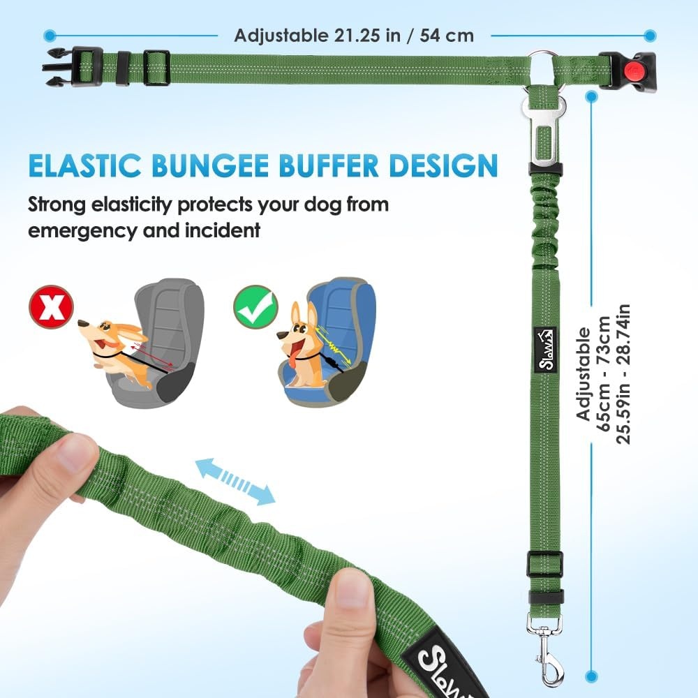image:imageSlowTon Dog Seat Belt for Car 2 Pack Dog Car Harness Seatbelt Adjustable with Elastic Bungee Buffer 2 in 1 Pet Car Leash Headrest Restraint Dog Reflective Safety Tether Green HeadrestClipHGreen