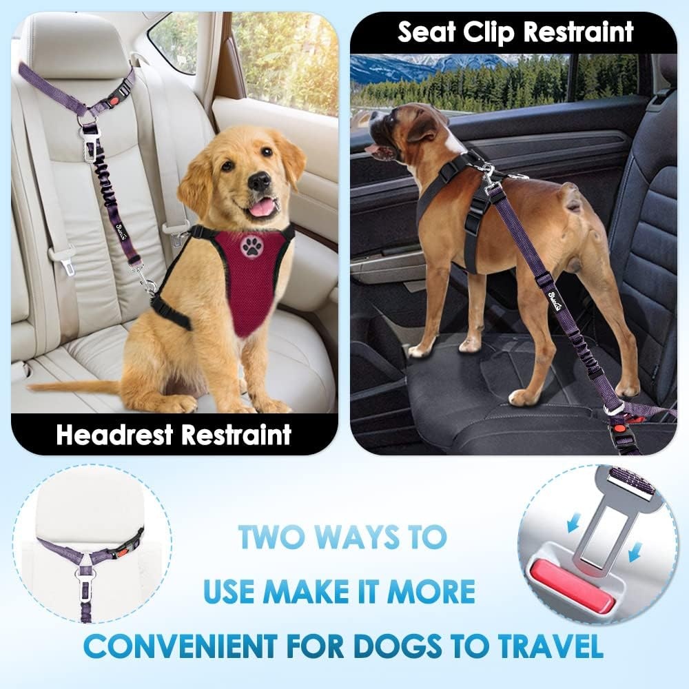 image:imageSlowTon Dog Seat Belt for Car 2 Pack Dog Car Harness Seatbelt Adjustable with Elastic Bungee Buffer 2 in 1 Pet Car Leash Headrest Restraint Dog Reflective Safety Tether Green HeadrestClipJPurple