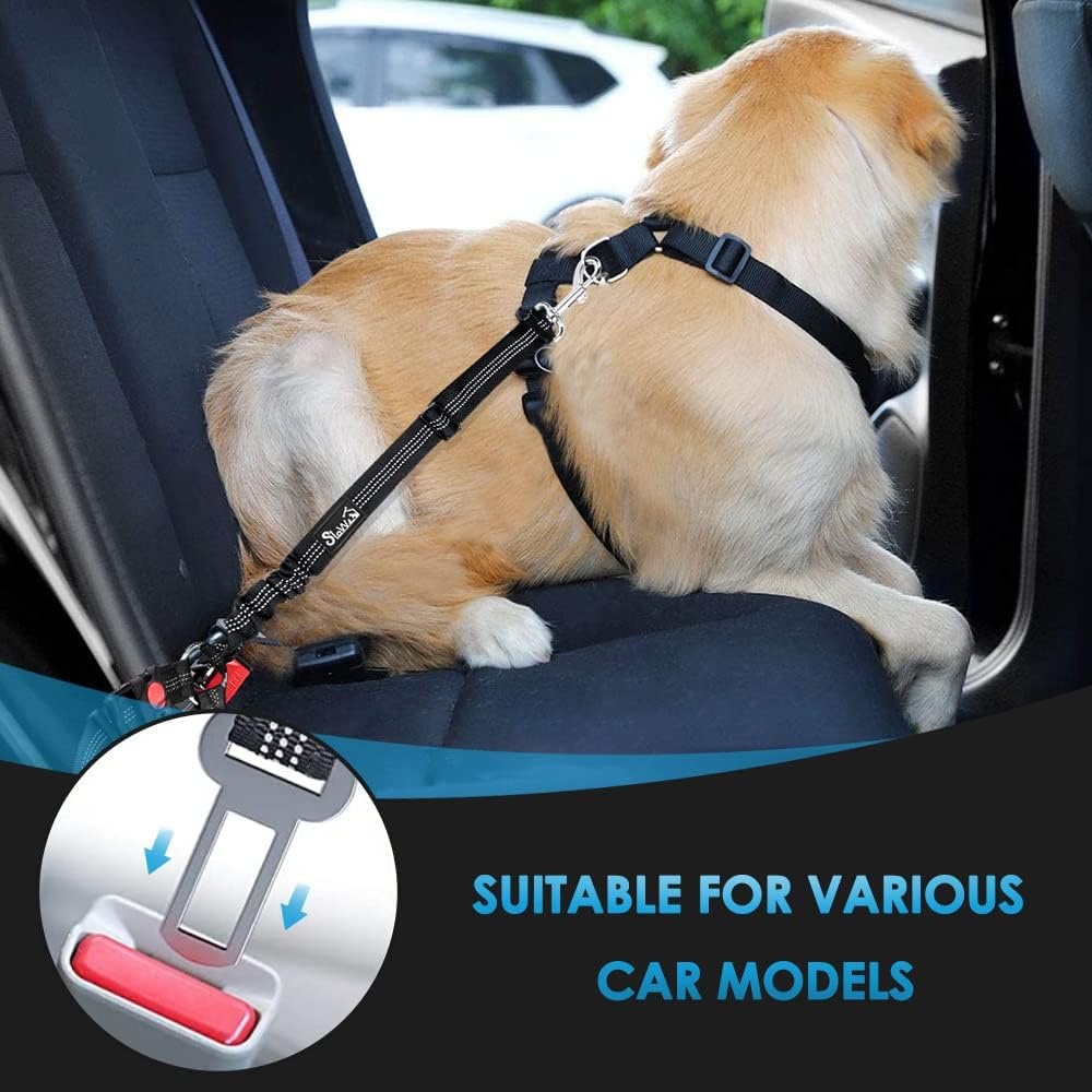 image:imageSlowTon Dog Seat Belt for Car 2 Pack Dog Car Harness Seatbelt Adjustable with Elastic Bungee Buffer 2 in 1 Pet Car Leash Headrest Restraint Dog Reflective Safety Tether Green HeadrestClipABlack