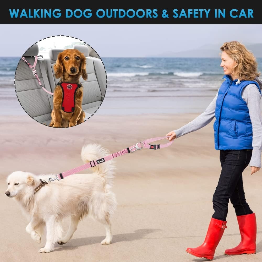 image:imageSlowTon Dog Seat Belt for Car 2 Pack Dog Car Harness Seatbelt Adjustable with Elastic Bungee Buffer 2 in 1 Pet Car Leash Headrest Restraint Dog Reflective Safety Tether Green HeadrestClipIPink