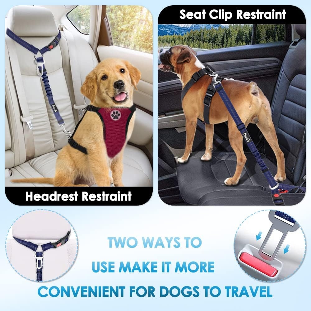 image:imageSlowTon Dog Seat Belt for Car 2 Pack Dog Car Harness Seatbelt Adjustable with Elastic Bungee Buffer 2 in 1 Pet Car Leash Headrest Restraint Dog Reflective Safety Tether Green HeadrestClipFBlue