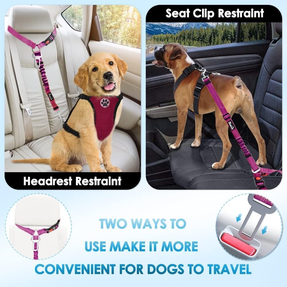image:imageSlowTon Dog Seat Belt for Car 2 Pack Dog Car Harness Seatbelt Adjustable with Elastic Bungee Buffer 2 in 1 Pet Car Leash Headrest Restraint Dog Reflective Safety Tether Green HeadrestClipIFushia