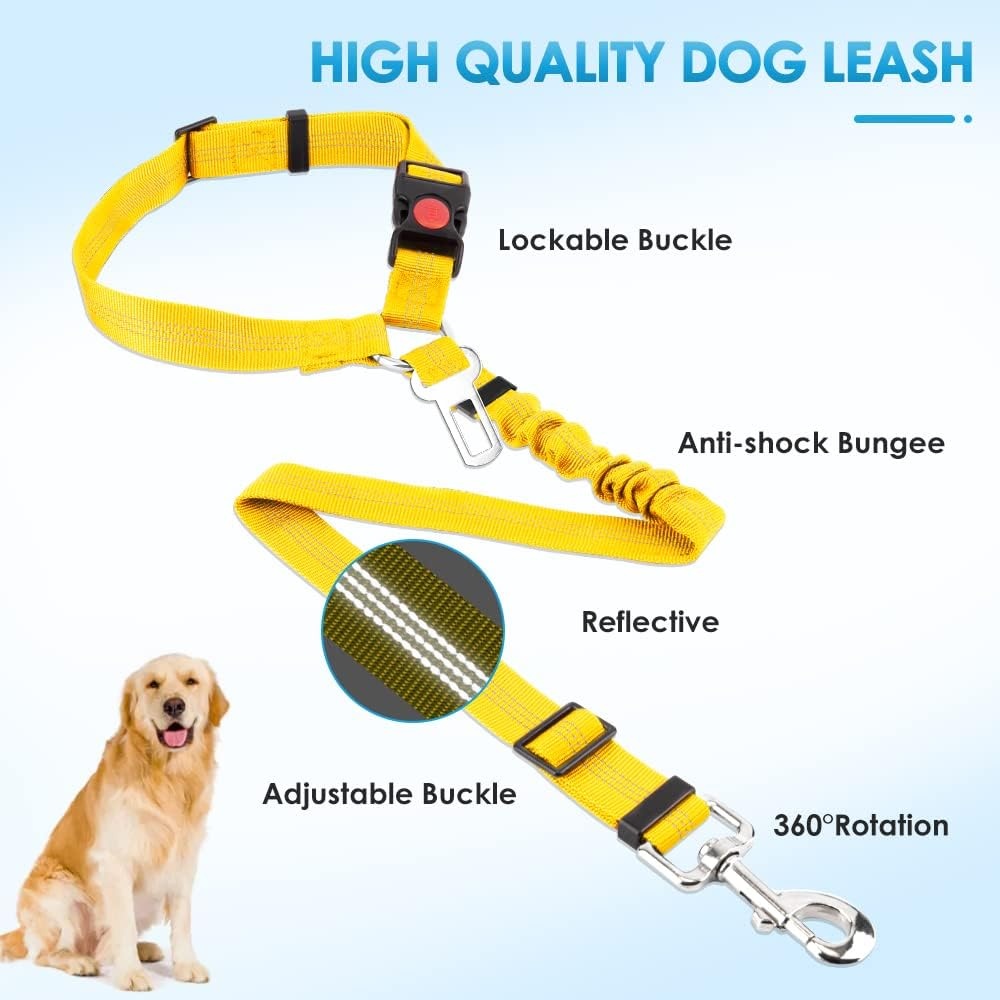 image:imageSlowTon Dog Seat Belt for Car 2 Pack Dog Car Harness Seatbelt Adjustable with Elastic Bungee Buffer 2 in 1 Pet Car Leash Headrest Restraint Dog Reflective Safety Tether Green HeadrestClipKYellow