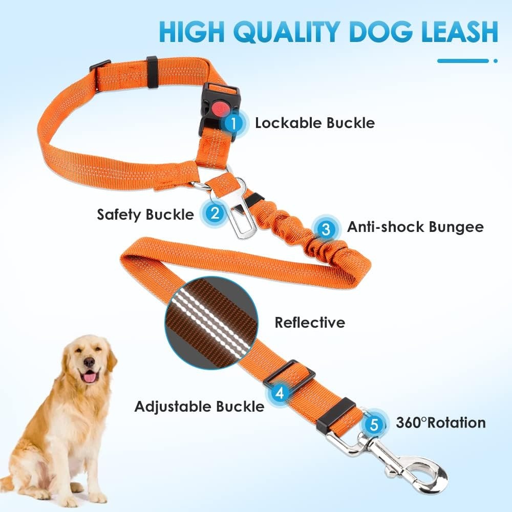 image:imageSlowTon Dog Seat Belt for Car 2 Pack Dog Car Harness Seatbelt Adjustable with Elastic Bungee Buffer 2 in 1 Pet Car Leash Headrest Restraint Dog Reflective Safety Tether Green HeadrestClipEOrange