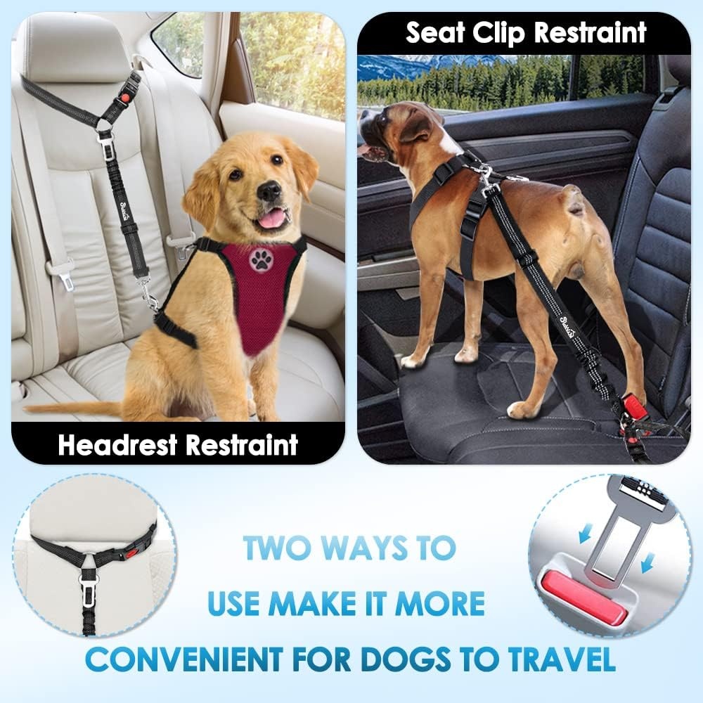 image:imageSlowTon Dog Seat Belt for Car 2 Pack Dog Car Harness Seatbelt Adjustable with Elastic Bungee Buffer 2 in 1 Pet Car Leash Headrest Restraint Dog Reflective Safety Tether Green HeadrestClipABlack
