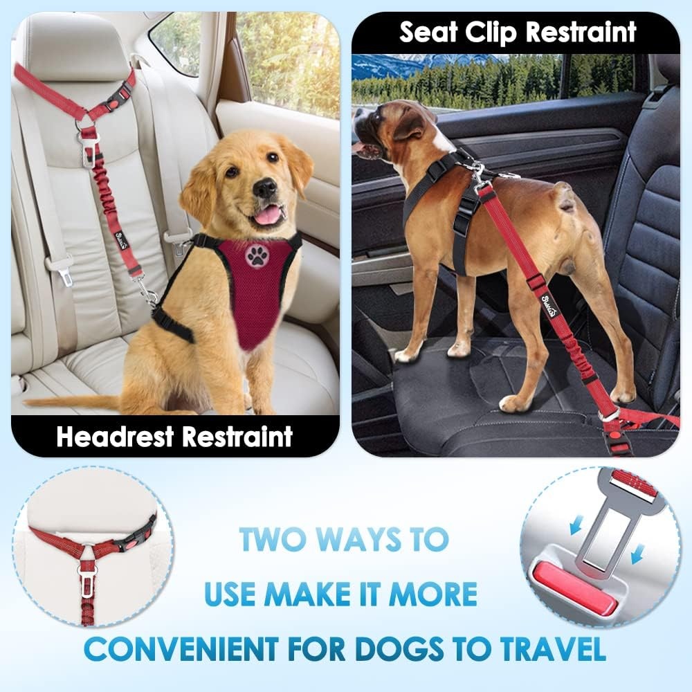 image:imageSlowTon Dog Seat Belt for Car 2 Pack Dog Car Harness Seatbelt Adjustable with Elastic Bungee Buffer 2 in 1 Pet Car Leash Headrest Restraint Dog Reflective Safety Tether Green HeadrestClipCRed