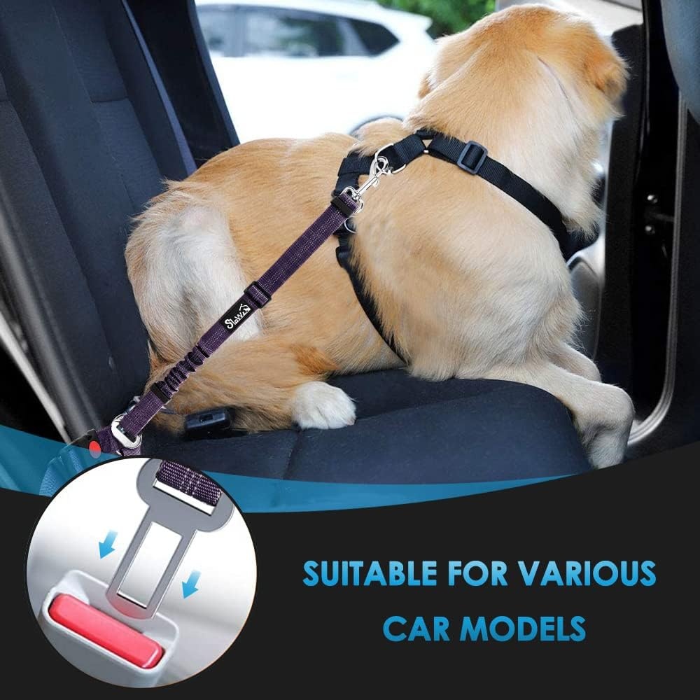 image:imageSlowTon Dog Seat Belt for Car 2 Pack Dog Car Harness Seatbelt Adjustable with Elastic Bungee Buffer 2 in 1 Pet Car Leash Headrest Restraint Dog Reflective Safety Tether Green HeadrestClipJPurple