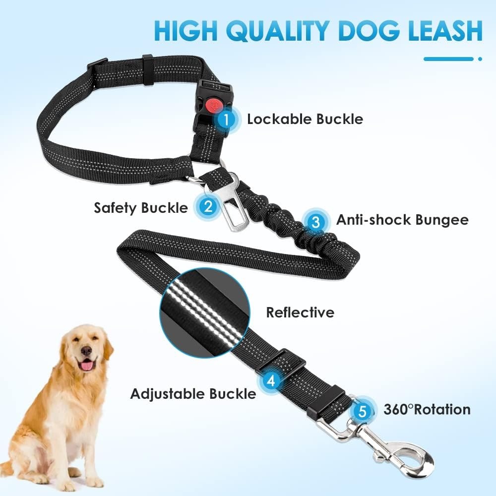 image:imageSlowTon Dog Seat Belt for Car 2 Pack Dog Car Harness Seatbelt Adjustable with Elastic Bungee Buffer 2 in 1 Pet Car Leash Headrest Restraint Dog Reflective Safety Tether Green HeadrestClipABlack