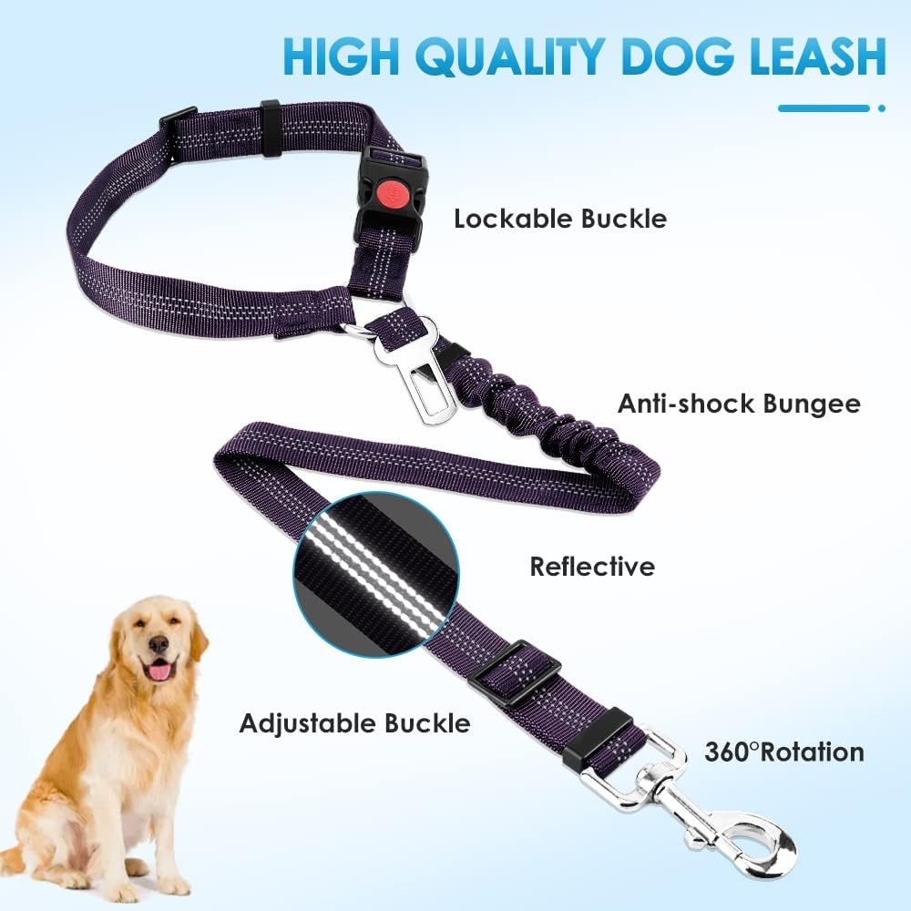 image:imageSlowTon Dog Seat Belt for Car 2 Pack Dog Car Harness Seatbelt Adjustable with Elastic Bungee Buffer 2 in 1 Pet Car Leash Headrest Restraint Dog Reflective Safety Tether Green HeadrestClipJPurple