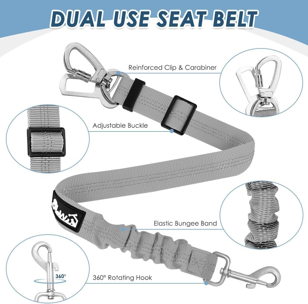 image:imageSlowTon Dog Seatbelt 2 Pack Dog Seat Belt Car Leash Adjustable Elastic Bungee Buffer Heavy Duty Nylon Reflective Pet Safety Tether Connect to Dog Harness for Travel Riding in Vehicle Daul Clip BLGrey
