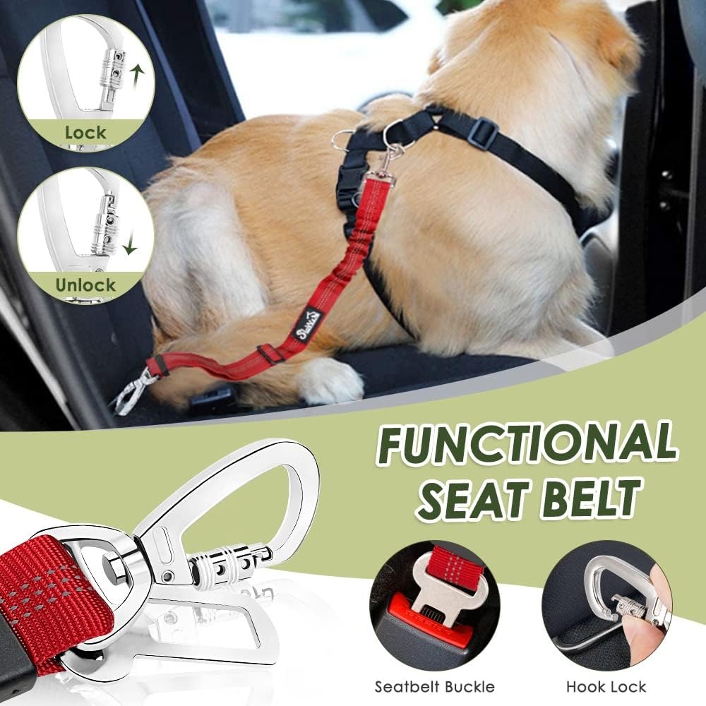 image:imageSlowTon Dog Seatbelt 2 Pack Dog Seat Belt Car Leash Adjustable Elastic Bungee Buffer Heavy Duty Nylon Reflective Pet Safety Tether Connect to Dog Harness for Travel Riding in Vehicle Daul Clip BLRed