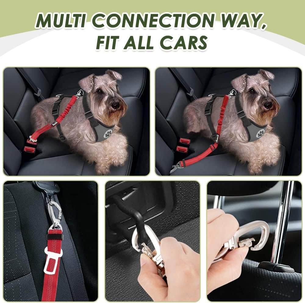 image:imageSlowTon Dog Seatbelt 2 Pack Dog Seat Belt Car Leash Adjustable Elastic Bungee Buffer Heavy Duty Nylon Reflective Pet Safety Tether Connect to Dog Harness for Travel Riding in Vehicle Daul Clip BLRed