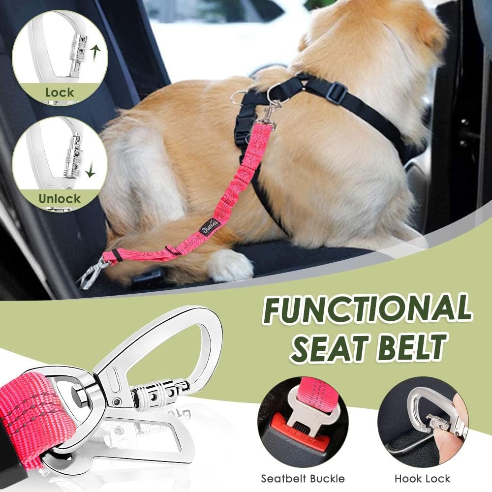 image:imageSlowTon Dog Seatbelt 2 Pack Dog Seat Belt Car Leash Adjustable Elastic Bungee Buffer Heavy Duty Nylon Reflective Pet Safety Tether Connect to Dog Harness for Travel Riding in Vehicle Daul Clip BLFluorescent pink