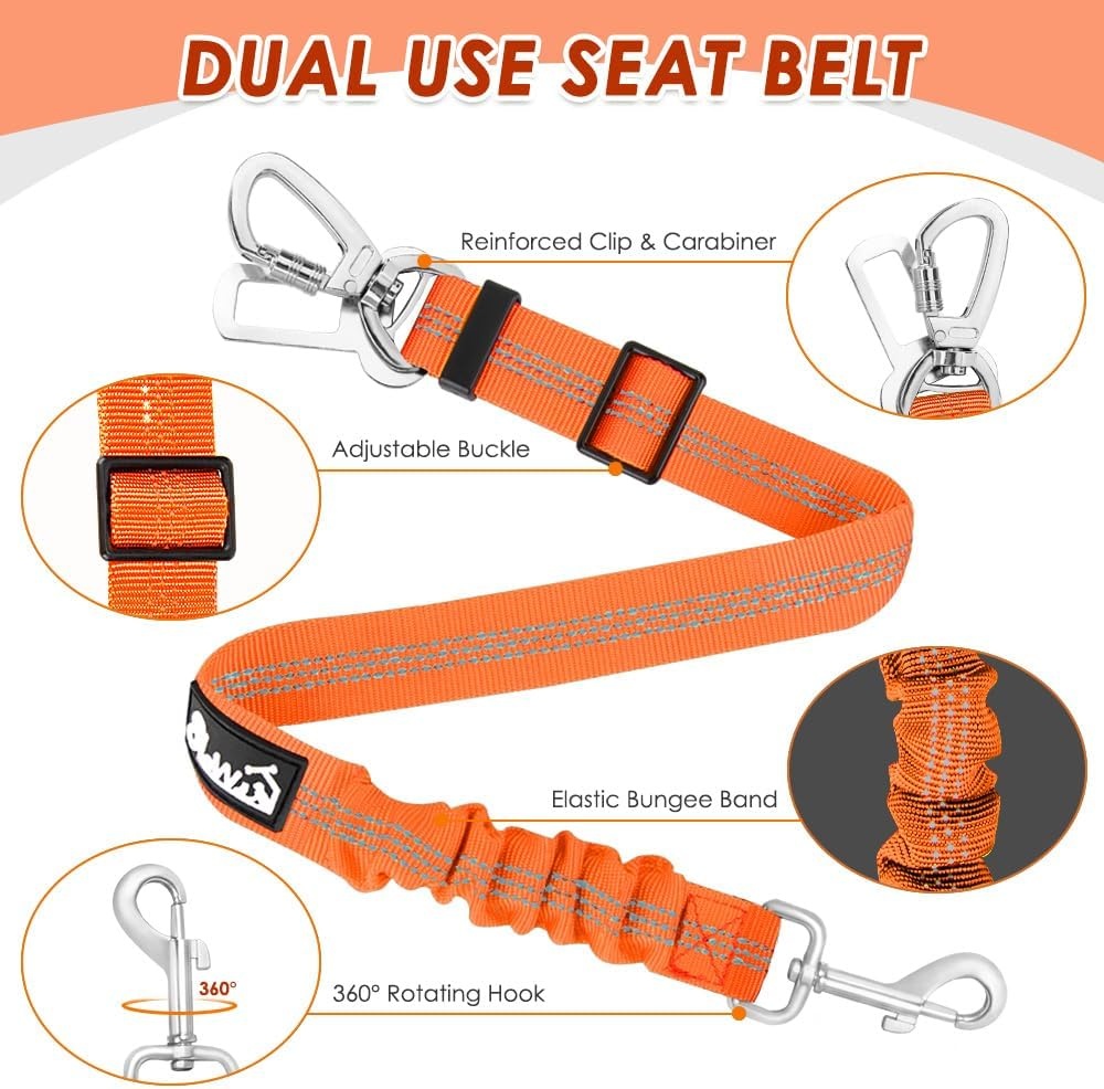image:imageSlowTon Dog Seatbelt 2 Pack Dog Seat Belt Car Leash Adjustable Elastic Bungee Buffer Heavy Duty Nylon Reflective Pet Safety Tether Connect to Dog Harness for Travel Riding in Vehicle Daul Clip BLOrange