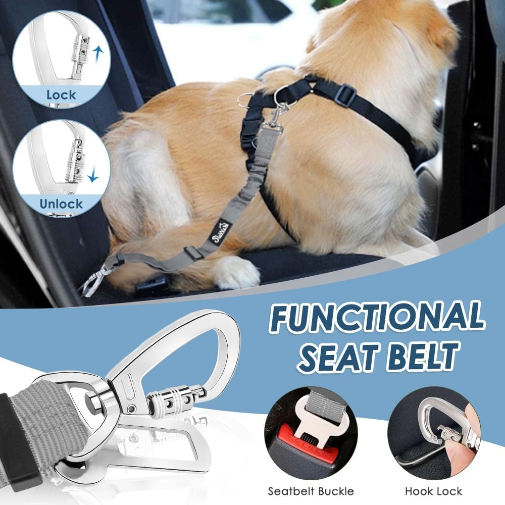 image:imageSlowTon Dog Seatbelt 2 Pack Dog Seat Belt Car Leash Adjustable Elastic Bungee Buffer Heavy Duty Nylon Reflective Pet Safety Tether Connect to Dog Harness for Travel Riding in Vehicle Daul Clip BLGrey