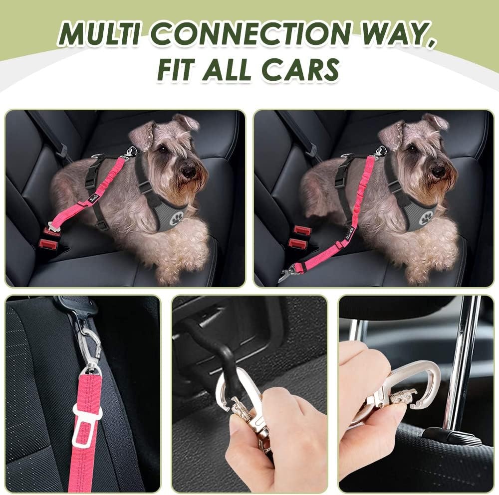 image:imageSlowTon Dog Seatbelt 2 Pack Dog Seat Belt Car Leash Adjustable Elastic Bungee Buffer Heavy Duty Nylon Reflective Pet Safety Tether Connect to Dog Harness for Travel Riding in Vehicle Daul Clip BLFluorescent pink