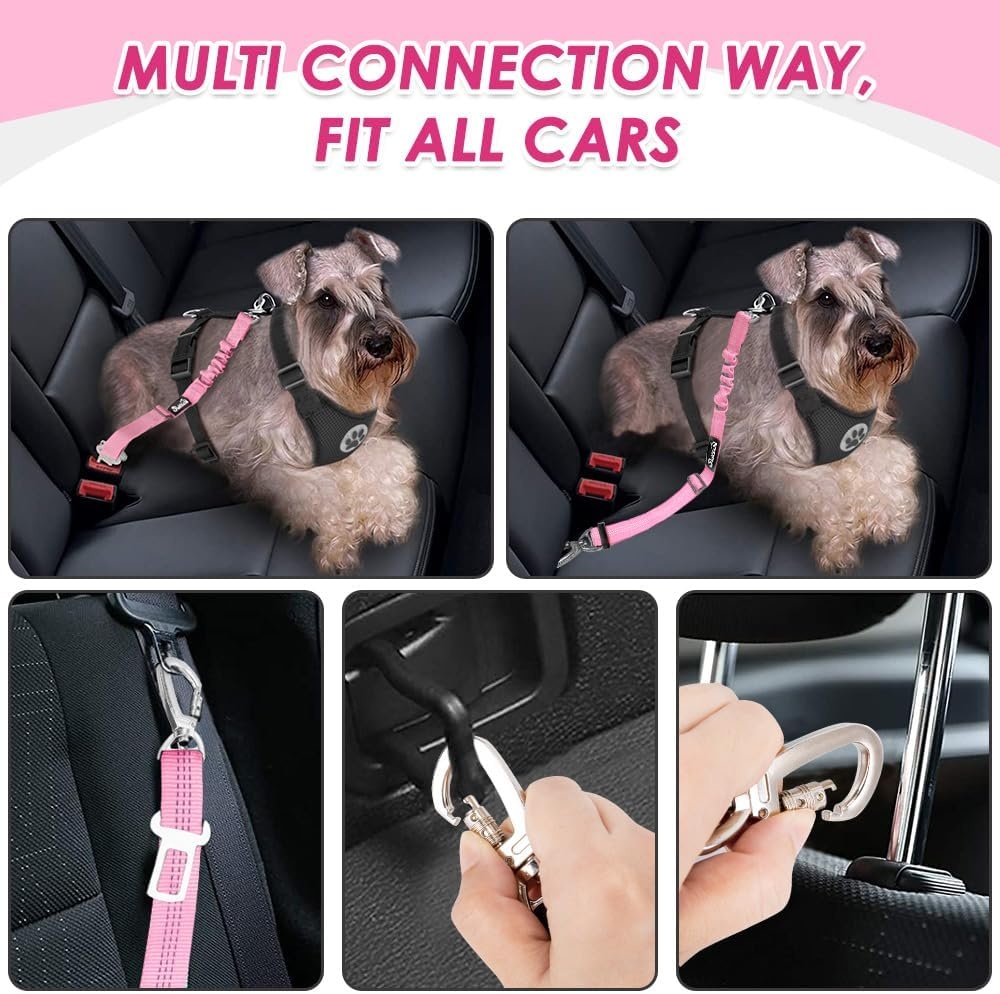 image:imageSlowTon Dog Seatbelt 2 Pack Dog Seat Belt Car Leash Adjustable Elastic Bungee Buffer Heavy Duty Nylon Reflective Pet Safety Tether Connect to Dog Harness for Travel Riding in Vehicle Daul Clip BLPink