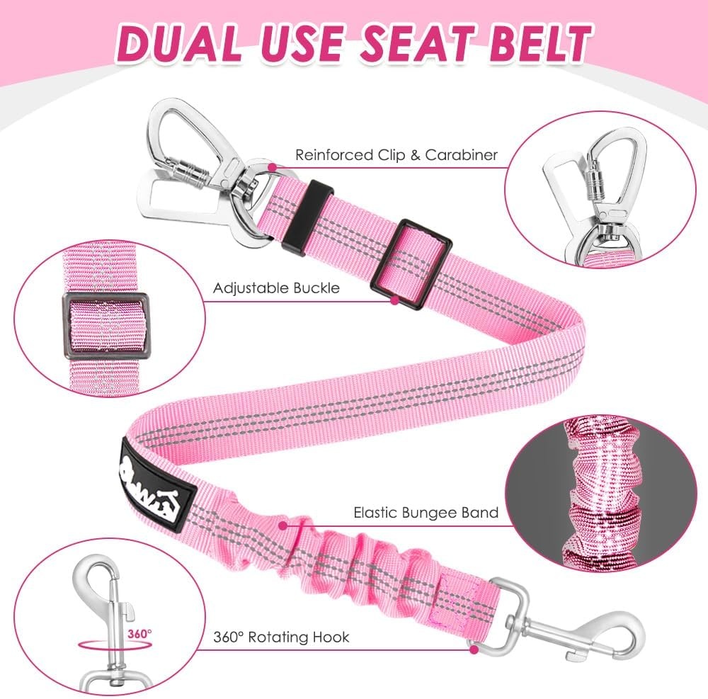 image:imageSlowTon Dog Seatbelt 2 Pack Dog Seat Belt Car Leash Adjustable Elastic Bungee Buffer Heavy Duty Nylon Reflective Pet Safety Tether Connect to Dog Harness for Travel Riding in Vehicle Daul Clip BLPink