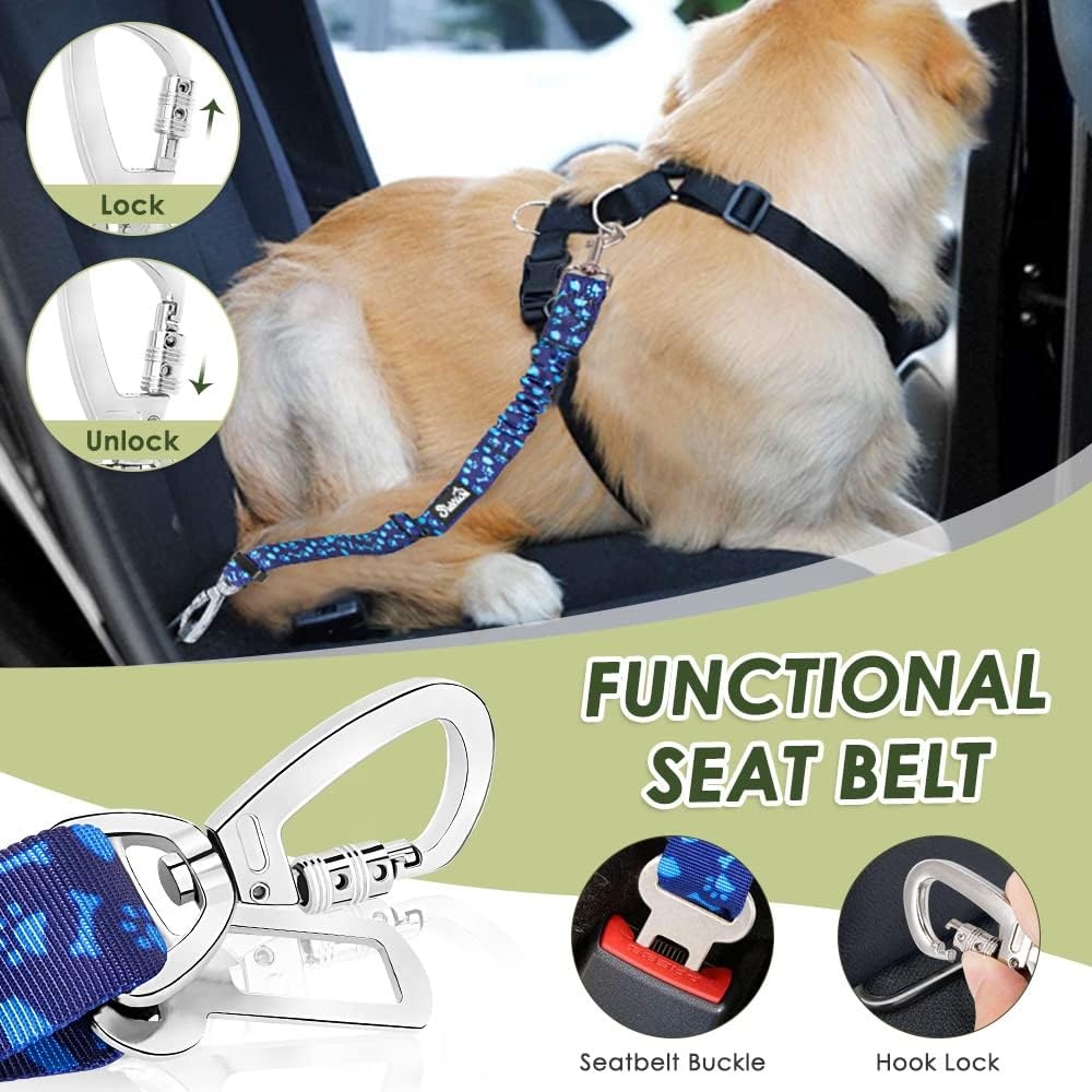 image:imageSlowTon Dog Seatbelt 2 Pack Dog Seat Belt Car Leash Adjustable Elastic Bungee Buffer Heavy Duty Nylon Reflective Pet Safety Tether Connect to Dog Harness for Travel Riding in Vehicle Daul Clip BLBlue