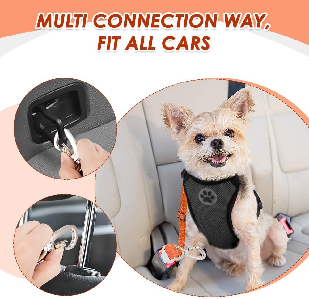image:imageSlowTon Dog Seatbelt 2 Pack Dog Seat Belt Car Leash Adjustable Elastic Bungee Buffer Heavy Duty Nylon Reflective Pet Safety Tether Connect to Dog Harness for Travel Riding in Vehicle Daul Clip BLOrange