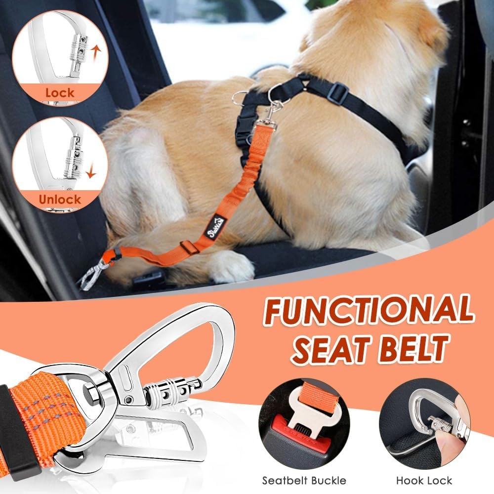 image:imageSlowTon Dog Seatbelt 2 Pack Dog Seat Belt Car Leash Adjustable Elastic Bungee Buffer Heavy Duty Nylon Reflective Pet Safety Tether Connect to Dog Harness for Travel Riding in Vehicle Daul Clip BLOrange