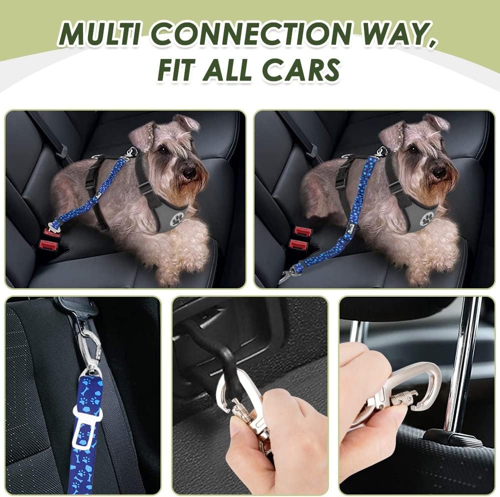 image:imageSlowTon Dog Seatbelt 2 Pack Dog Seat Belt Car Leash Adjustable Elastic Bungee Buffer Heavy Duty Nylon Reflective Pet Safety Tether Connect to Dog Harness for Travel Riding in Vehicle Daul Clip BLBlue