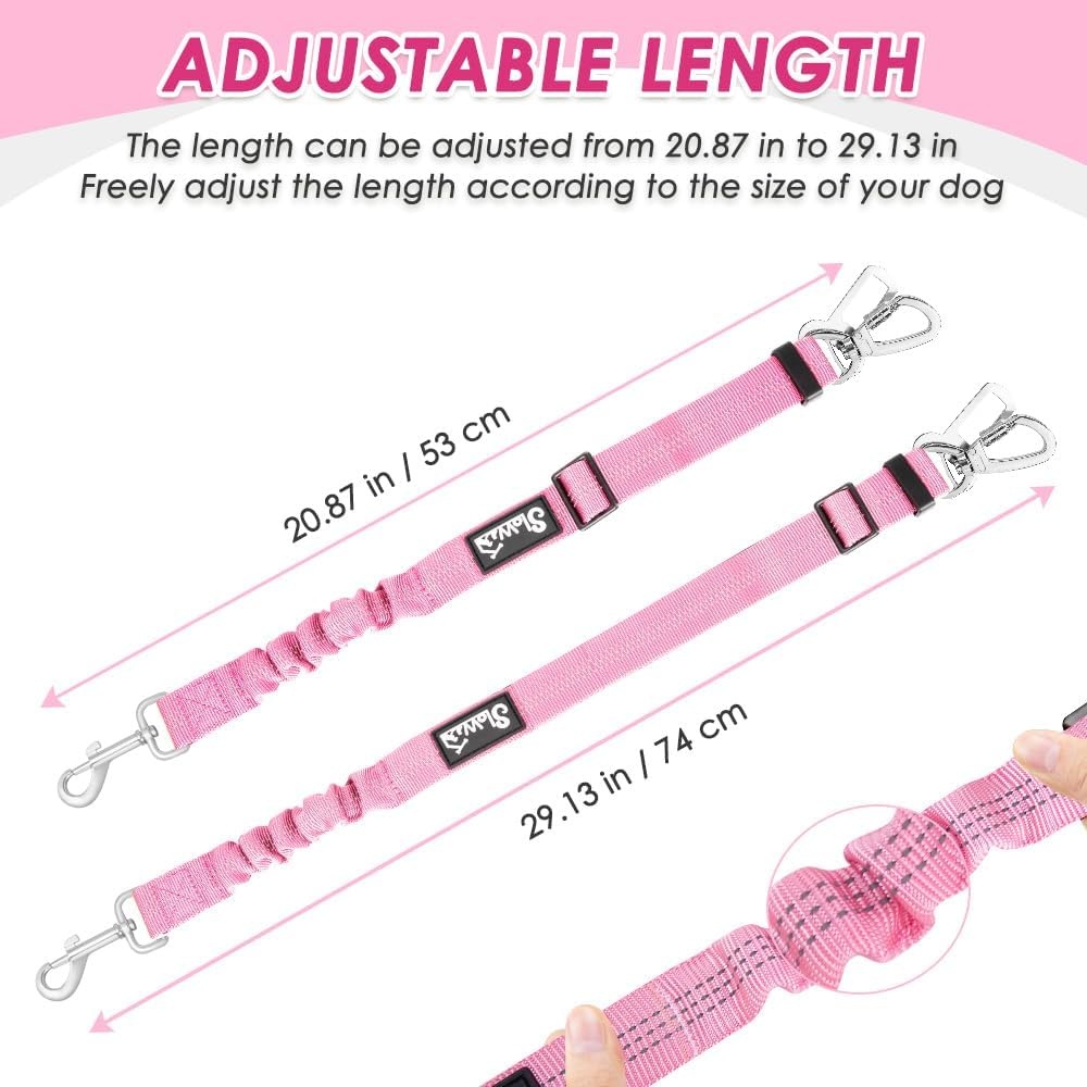 image:imageSlowTon Dog Seatbelt 2 Pack Dog Seat Belt Car Leash Adjustable Elastic Bungee Buffer Heavy Duty Nylon Reflective Pet Safety Tether Connect to Dog Harness for Travel Riding in Vehicle Daul Clip BLPink