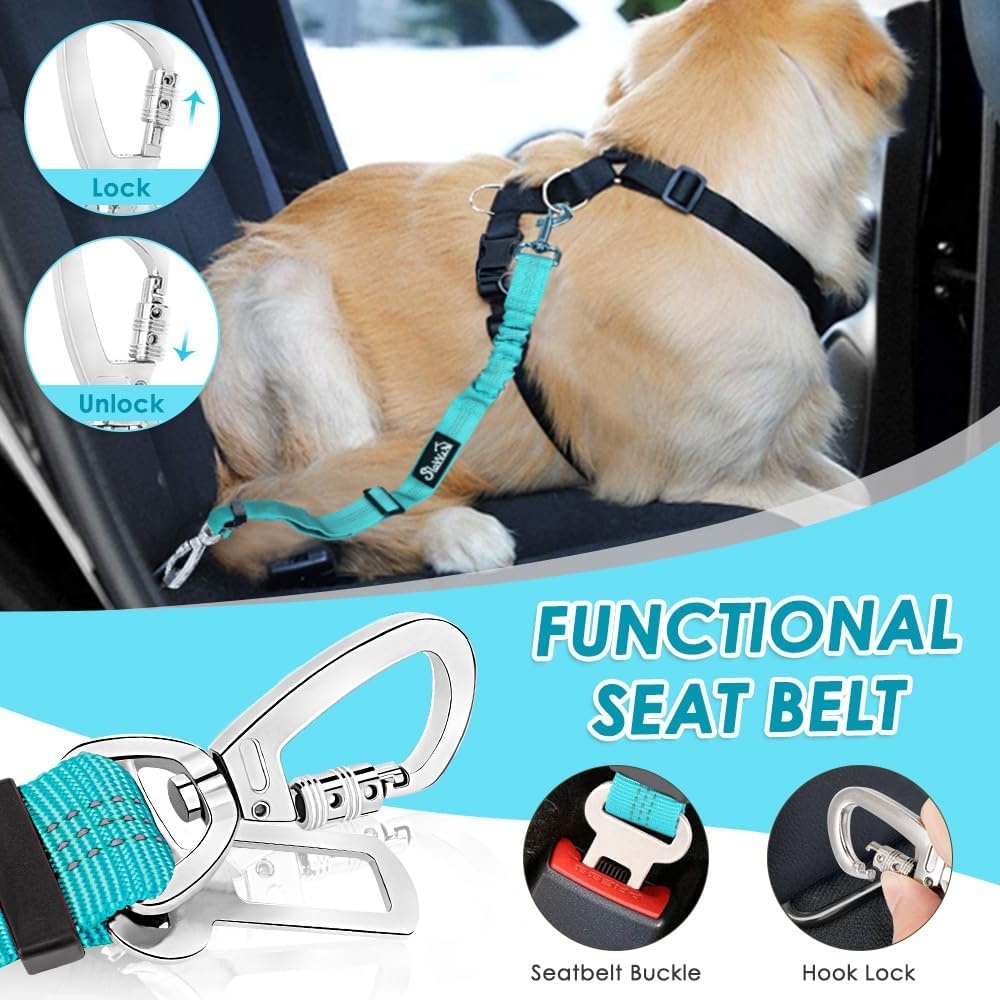 image:imageSlowTon Dog Seatbelt 2 Pack Dog Seat Belt Car Leash Adjustable Elastic Bungee Buffer Heavy Duty Nylon Reflective Pet Safety Tether Connect to Dog Harness for Travel Riding in Vehicle Daul Clip BLLight Blue