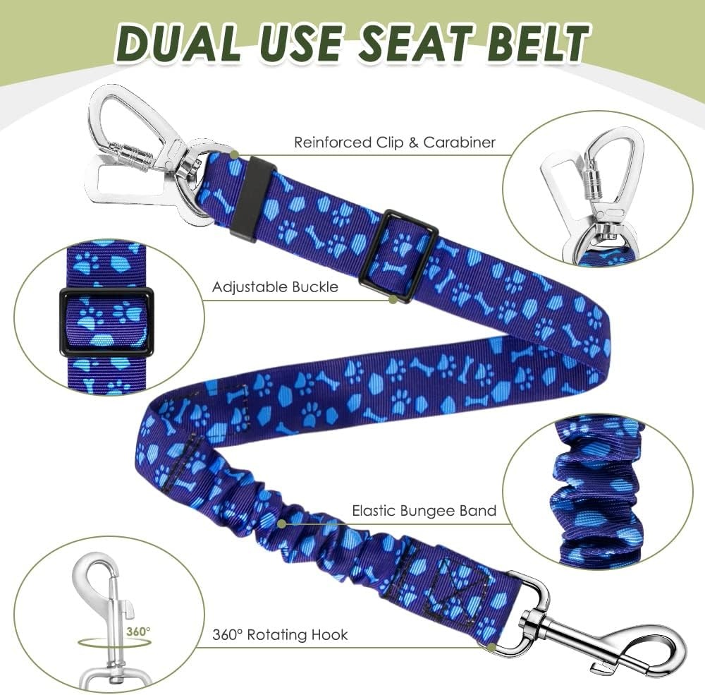 image:imageSlowTon Dog Seatbelt 2 Pack Dog Seat Belt Car Leash Adjustable Elastic Bungee Buffer Heavy Duty Nylon Reflective Pet Safety Tether Connect to Dog Harness for Travel Riding in Vehicle Daul Clip BLBlue