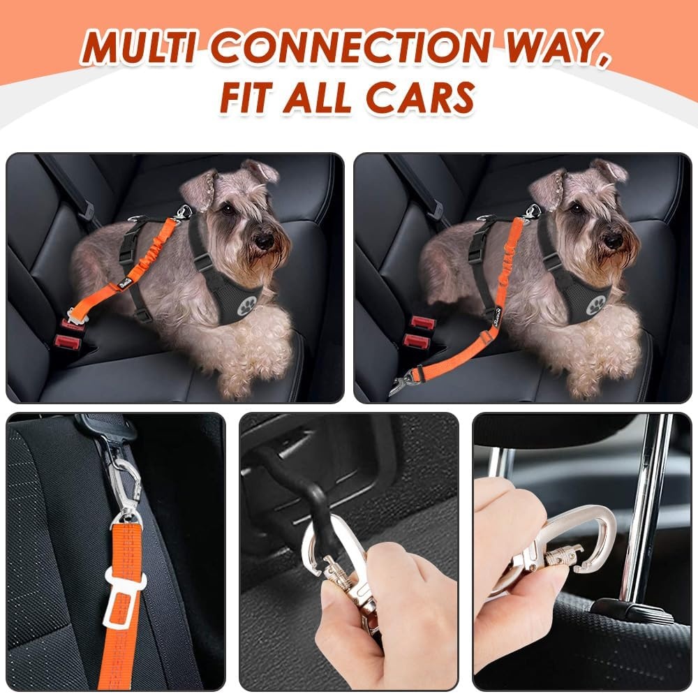 image:imageSlowTon Dog Seatbelt 2 Pack Dog Seat Belt Car Leash Adjustable Elastic Bungee Buffer Heavy Duty Nylon Reflective Pet Safety Tether Connect to Dog Harness for Travel Riding in Vehicle Daul Clip BLOrange