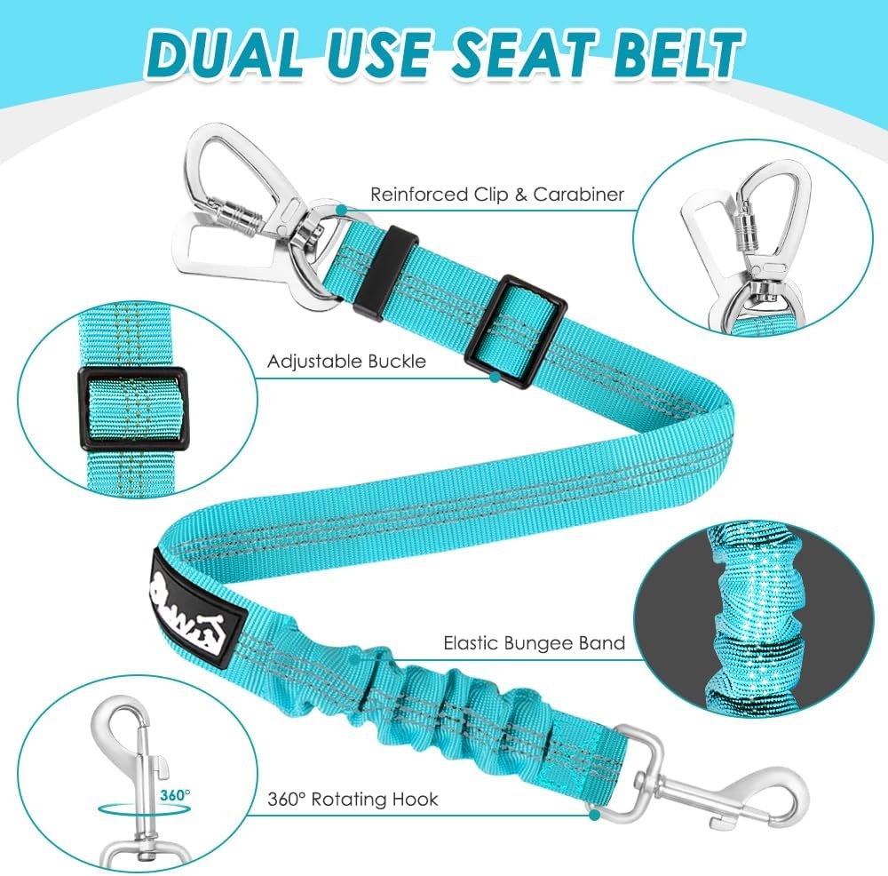 image:imageSlowTon Dog Seatbelt 2 Pack Dog Seat Belt Car Leash Adjustable Elastic Bungee Buffer Heavy Duty Nylon Reflective Pet Safety Tether Connect to Dog Harness for Travel Riding in Vehicle Daul Clip BLLight Blue