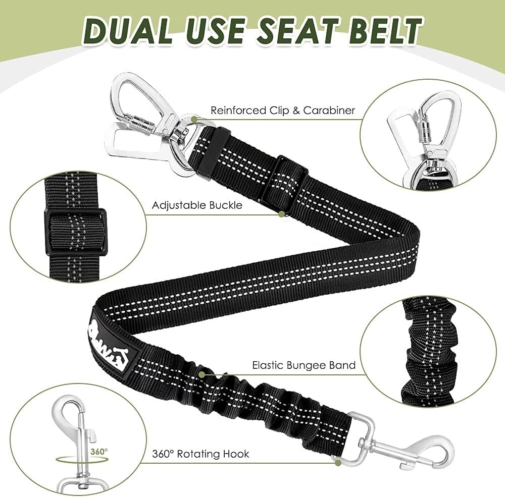 image:imageSlowTon Dog Seatbelt 2 Pack Dog Seat Belt Car Leash Adjustable Elastic Bungee Buffer Heavy Duty Nylon Reflective Pet Safety Tether Connect to Dog Harness for Travel Riding in Vehicle Daul Clip BLBlack