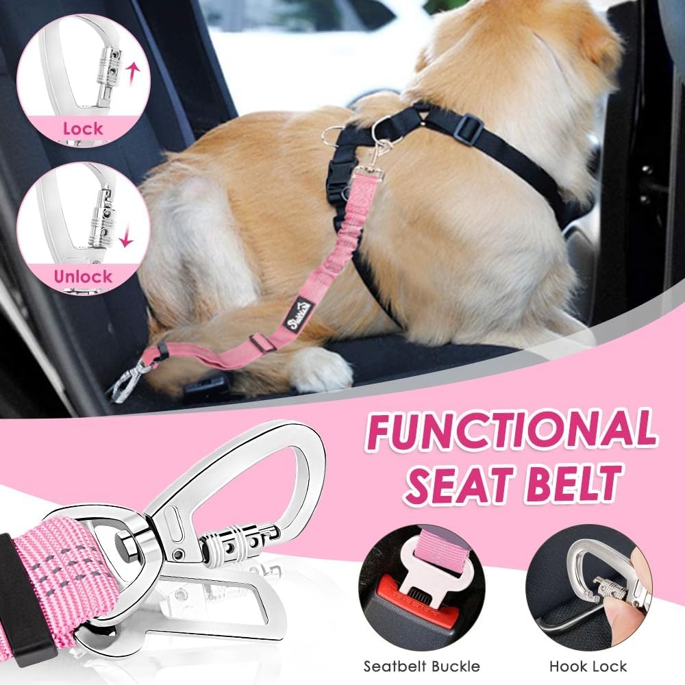 image:imageSlowTon Dog Seatbelt 2 Pack Dog Seat Belt Car Leash Adjustable Elastic Bungee Buffer Heavy Duty Nylon Reflective Pet Safety Tether Connect to Dog Harness for Travel Riding in Vehicle Daul Clip BLPink