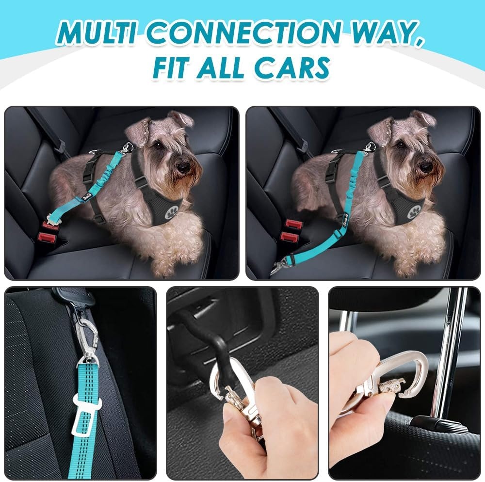 image:imageSlowTon Dog Seatbelt 2 Pack Dog Seat Belt Car Leash Adjustable Elastic Bungee Buffer Heavy Duty Nylon Reflective Pet Safety Tether Connect to Dog Harness for Travel Riding in Vehicle Daul Clip BLLight Blue