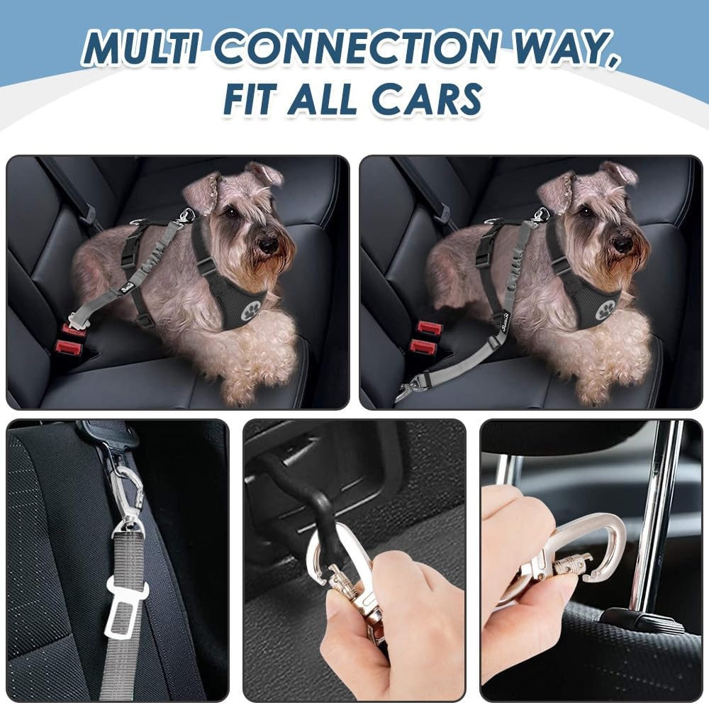 image:imageSlowTon Dog Seatbelt 2 Pack Dog Seat Belt Car Leash Adjustable Elastic Bungee Buffer Heavy Duty Nylon Reflective Pet Safety Tether Connect to Dog Harness for Travel Riding in Vehicle Daul Clip BLGrey