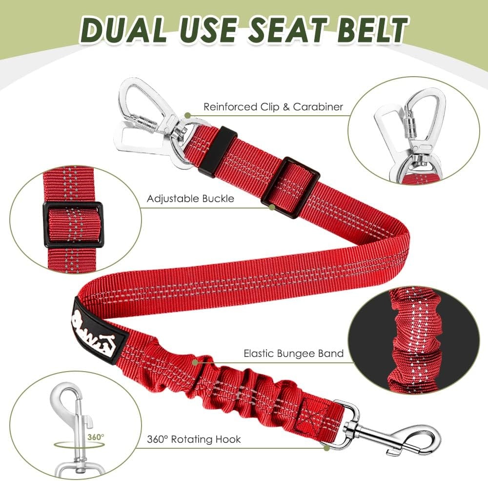 image:imageSlowTon Dog Seatbelt 2 Pack Dog Seat Belt Car Leash Adjustable Elastic Bungee Buffer Heavy Duty Nylon Reflective Pet Safety Tether Connect to Dog Harness for Travel Riding in Vehicle Daul Clip BLRed