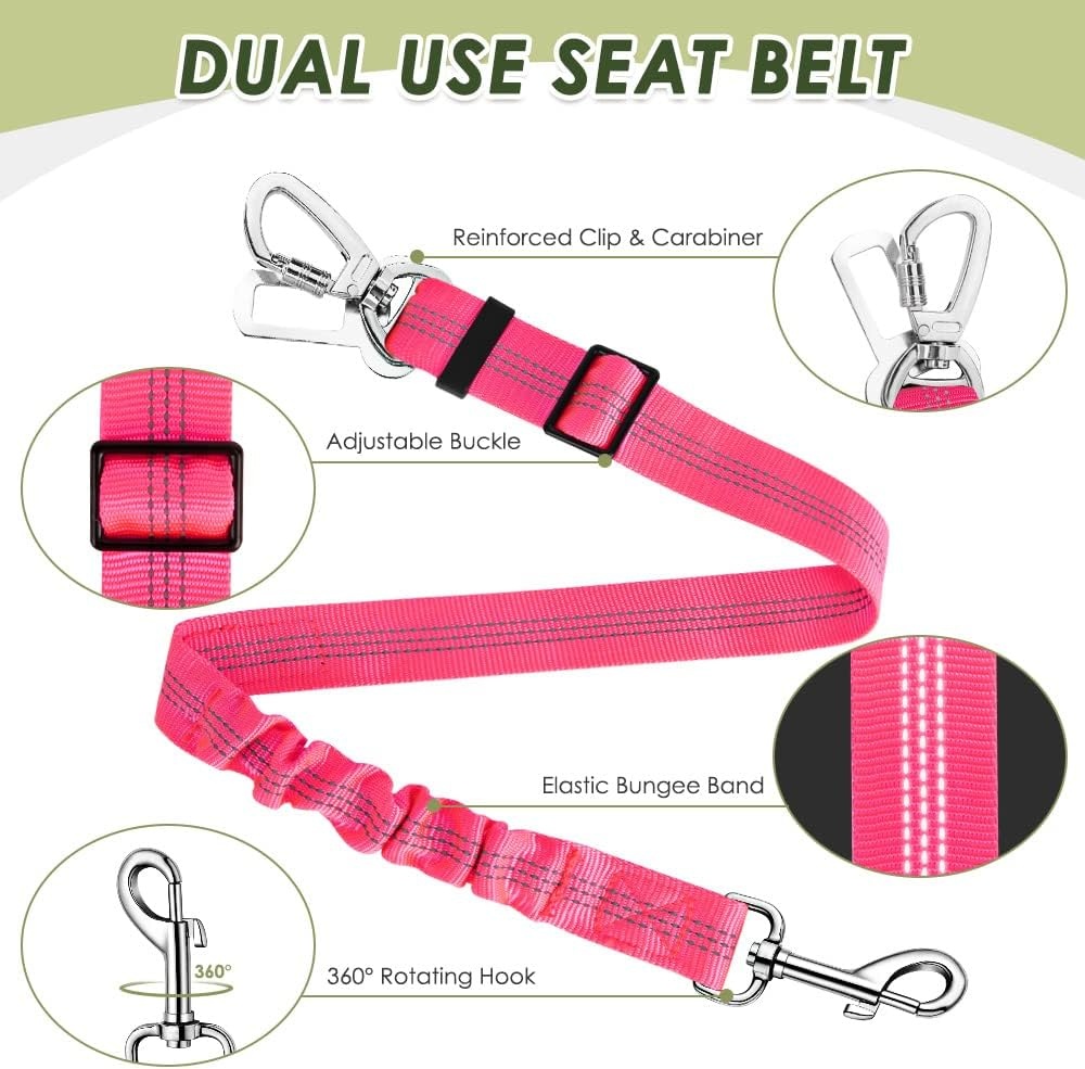 image:imageSlowTon Dog Seatbelt 2 Pack Dog Seat Belt Car Leash Adjustable Elastic Bungee Buffer Heavy Duty Nylon Reflective Pet Safety Tether Connect to Dog Harness for Travel Riding in Vehicle Daul Clip BLFluorescent pink