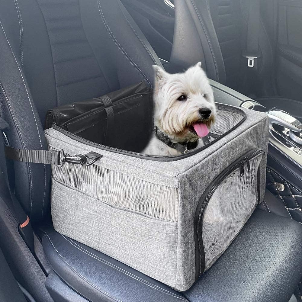 image:imageSlowTon Dog Booster Car Seat Reinforce Metal Frame Safe Pet Car Seat with Seatbelt amp Waterproof Pee Pad amp Top Cover Portable Collapsible Puppy Carrier Bag for Small Medium Dogs Cats up to 15lbsGrey