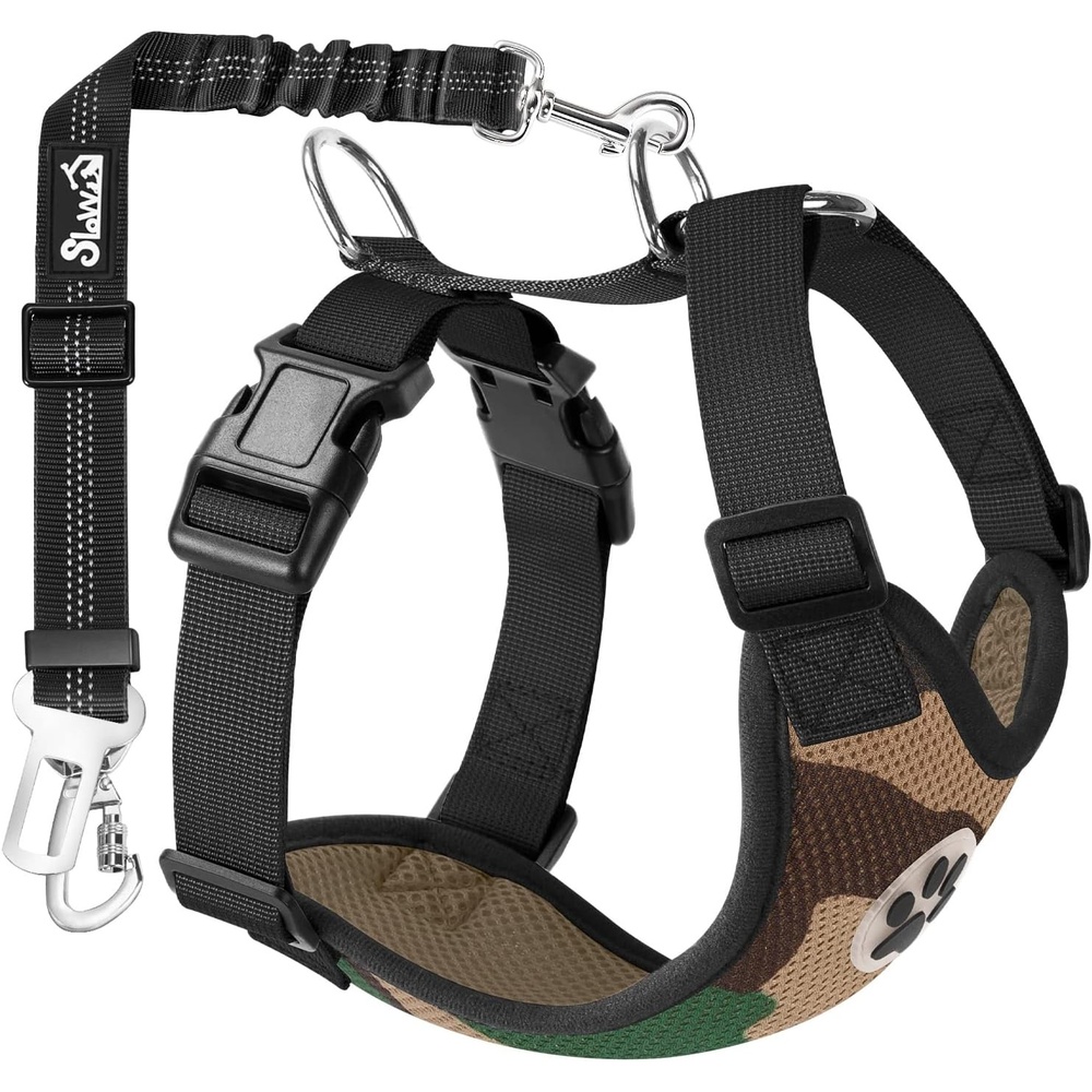 image:imageSlowTon Dog Seat Belt Harness for Car Dog Car Harness Adjustable Mesh Breathable amp Dog Seatbelt Safety Tether with Elastic Bungee for Small Medium Large PetsBlack Double Clip XXXSKCamo