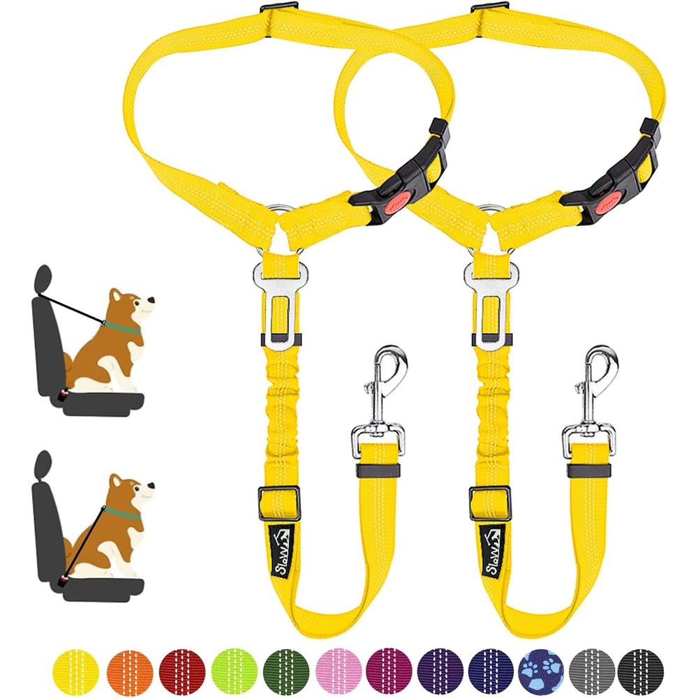 image:imageSlowTon Dog Seat Belt for Car 2 Pack Dog Car Harness Seatbelt Adjustable with Elastic Bungee Buffer 2 in 1 Pet Car Leash Headrest Restraint Dog Reflective Safety Tether Green HeadrestClipKYellow