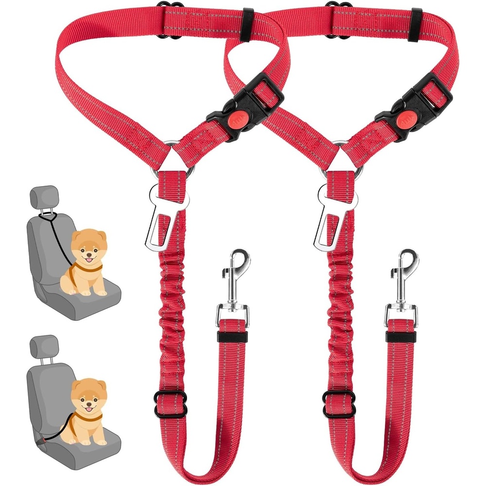 image:imageSlowTon Dog Seat Belt for Car 2 Pack Dog Car Harness Seatbelt Adjustable with Elastic Bungee Buffer 2 in 1 Pet Car Leash Headrest Restraint Dog Reflective Safety Tether Green HeadrestClipCRed