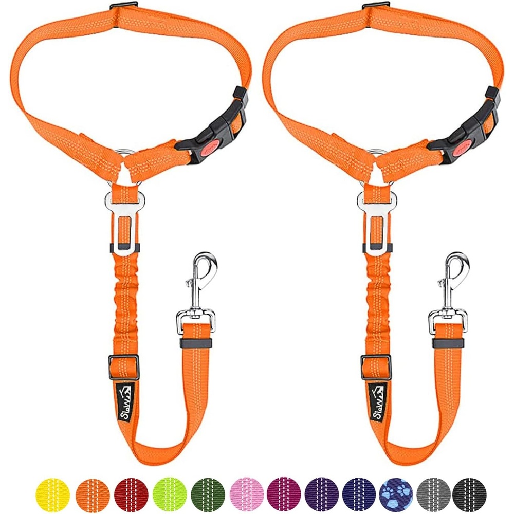 image:imageSlowTon Dog Seat Belt for Car 2 Pack Dog Car Harness Seatbelt Adjustable with Elastic Bungee Buffer 2 in 1 Pet Car Leash Headrest Restraint Dog Reflective Safety Tether Green HeadrestClipEOrange