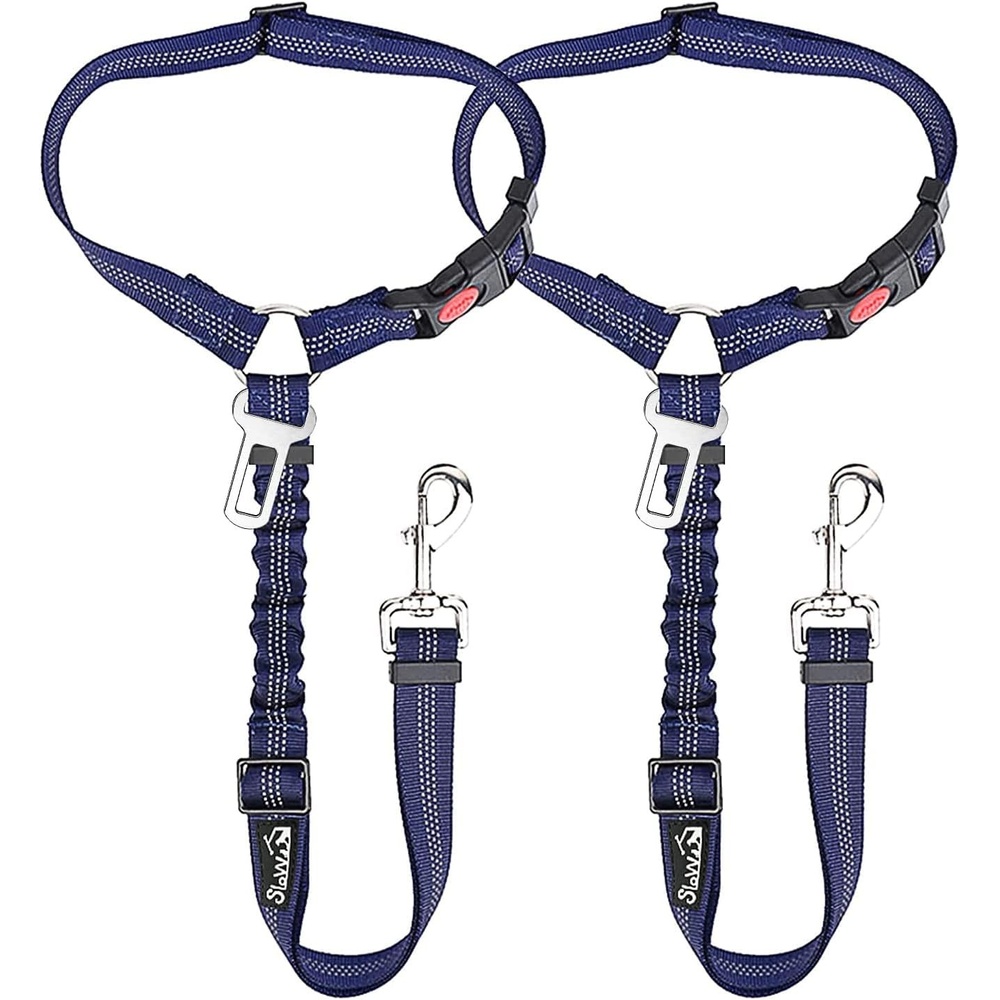 image:imageSlowTon Dog Seat Belt for Car 2 Pack Dog Car Harness Seatbelt Adjustable with Elastic Bungee Buffer 2 in 1 Pet Car Leash Headrest Restraint Dog Reflective Safety Tether Green HeadrestClipFBlue