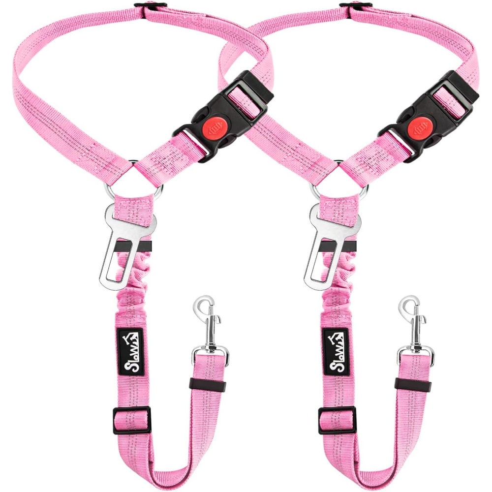 image:imageSlowTon Dog Seat Belt for Car 2 Pack Dog Car Harness Seatbelt Adjustable with Elastic Bungee Buffer 2 in 1 Pet Car Leash Headrest Restraint Dog Reflective Safety Tether Green HeadrestClipIPink