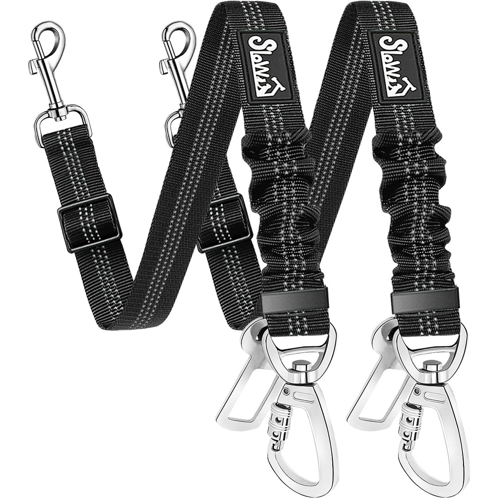 image:imageSlowTon Dog Seatbelt 2 Pack Dog Seat Belt Car Leash Adjustable Elastic Bungee Buffer Heavy Duty Nylon Reflective Pet Safety Tether Connect to Dog Harness for Travel Riding in Vehicle Daul Clip BLBlack