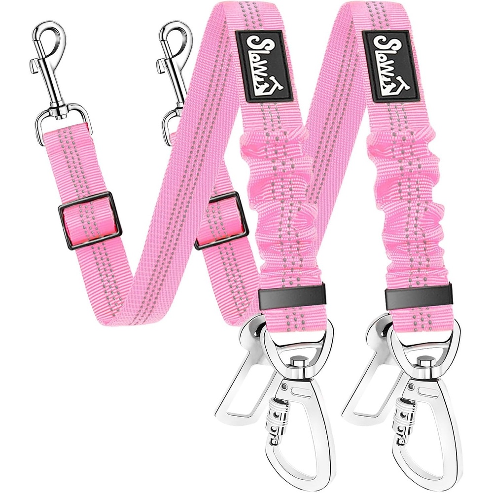 image:imageSlowTon Dog Seatbelt 2 Pack Dog Seat Belt Car Leash Adjustable Elastic Bungee Buffer Heavy Duty Nylon Reflective Pet Safety Tether Connect to Dog Harness for Travel Riding in Vehicle Daul Clip BLPink