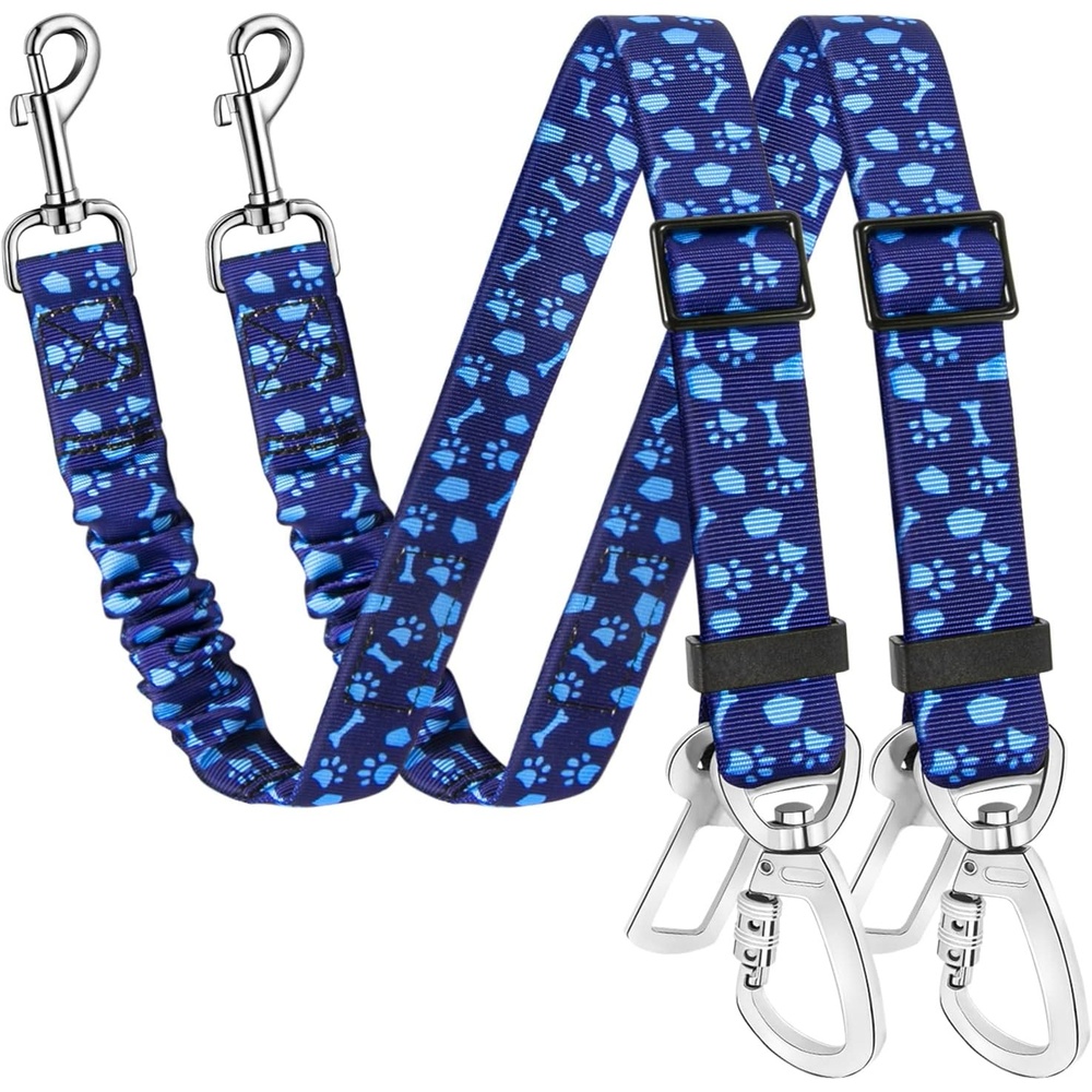 image:imageSlowTon Dog Seatbelt 2 Pack Dog Seat Belt Car Leash Adjustable Elastic Bungee Buffer Heavy Duty Nylon Reflective Pet Safety Tether Connect to Dog Harness for Travel Riding in Vehicle Daul Clip BLBlue
